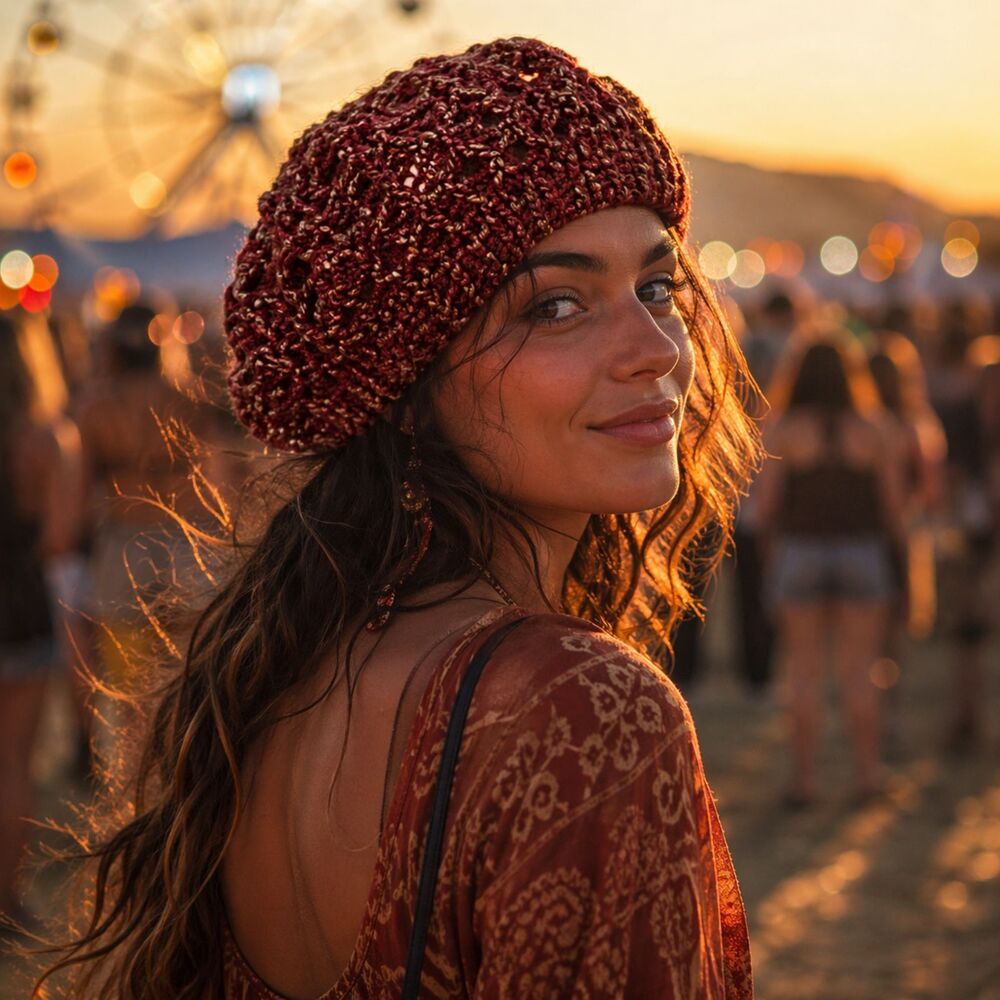 Handmade Crochet Beret Hat Women Slouchy Boho Festival Red Gold Statement Cap